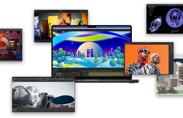 Se muestra una MacBook Pro ejecutando apps como Adobe After Effects, Keynote, DaVinci Resolve, Autodesk Maya con renderizador Arnold, Adobe Photoshop, Houdini, SketchUp